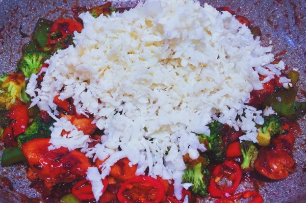 Add the white cauliflower to Chinese chicken fried rice