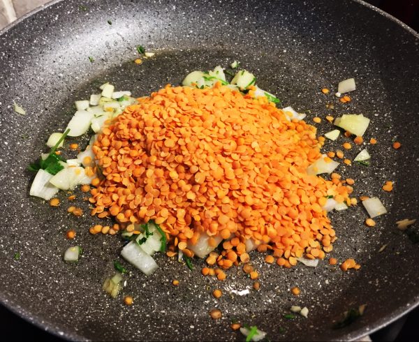 Red lentils added to base for nepalese cauliflower rice dal bhat nationaldish