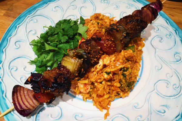 Nigerian lamb suya kebab with caveman paleo cauliflower jollof rice