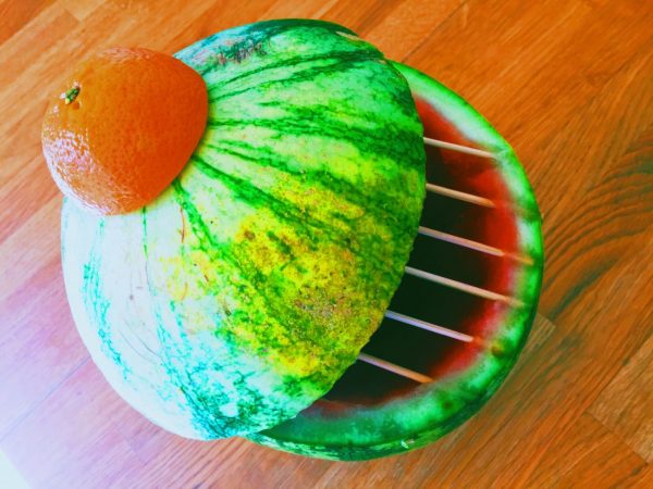 Cut the top off a watermelon to make a lid for a fruit BBQ