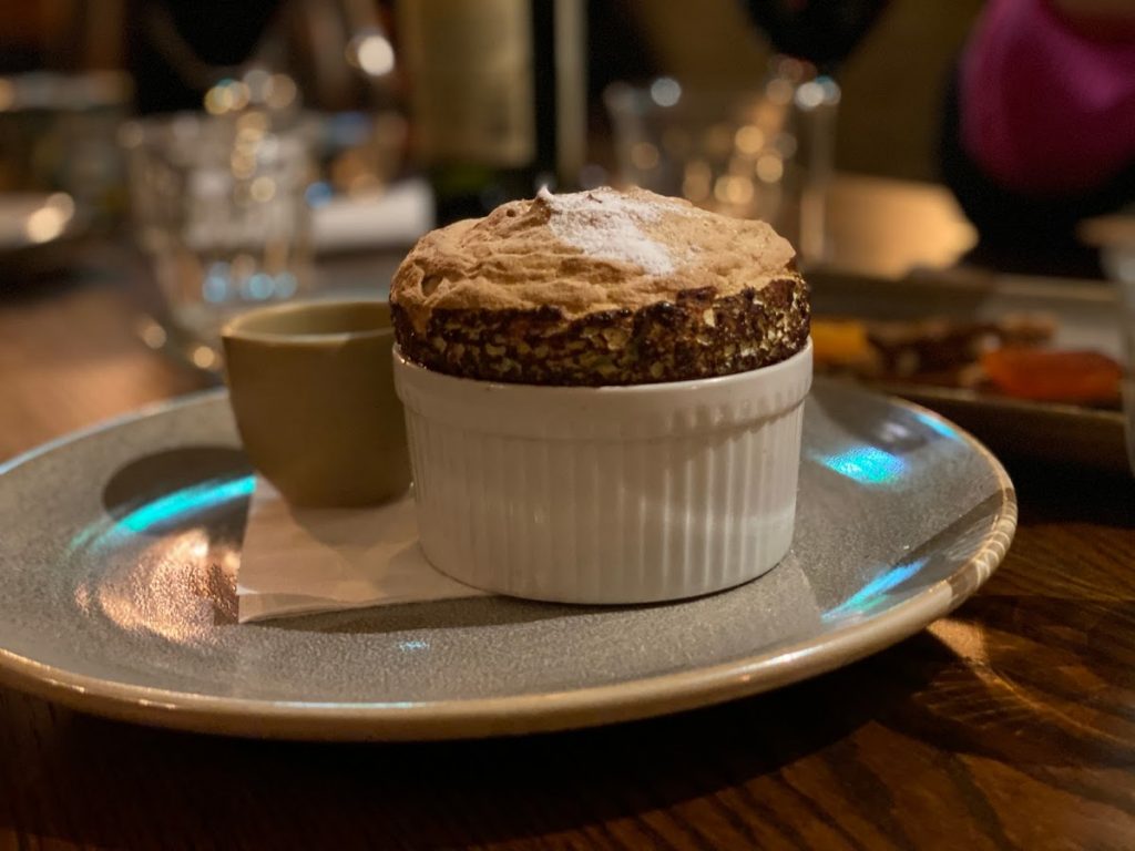 Chocolate and Pistachio Souffle at The Kings Head in Prestbury